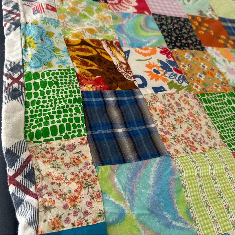 Vintage Handmade “Postage Stamp” Patchwork Quilt Multicolor Bedcover#0831256